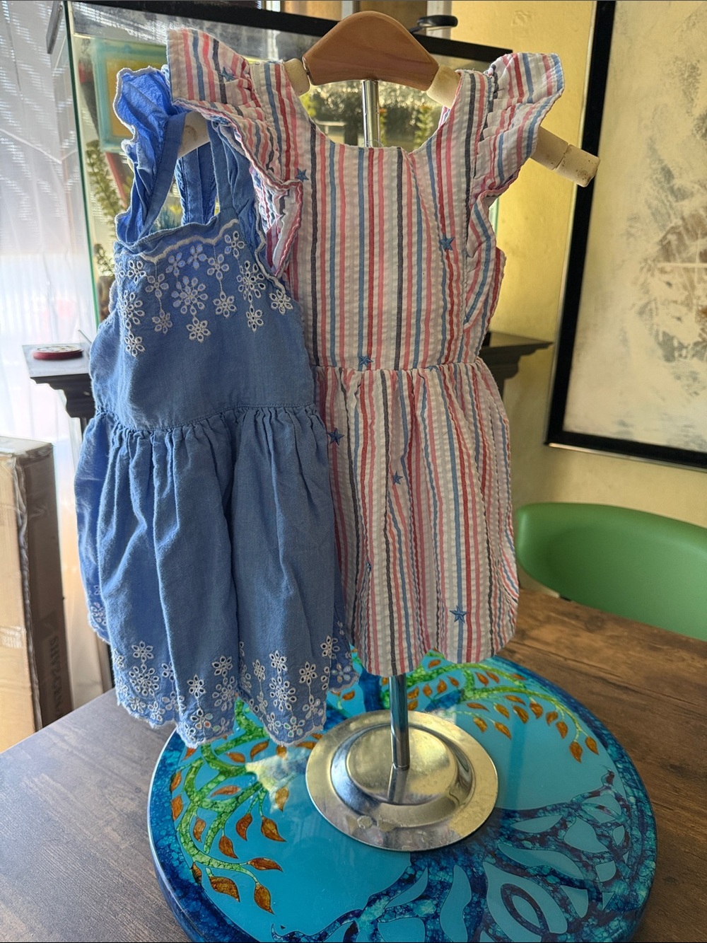 Cat & Jack Blue Embroidered Dress and Pink-White Striped Ruffle Dress